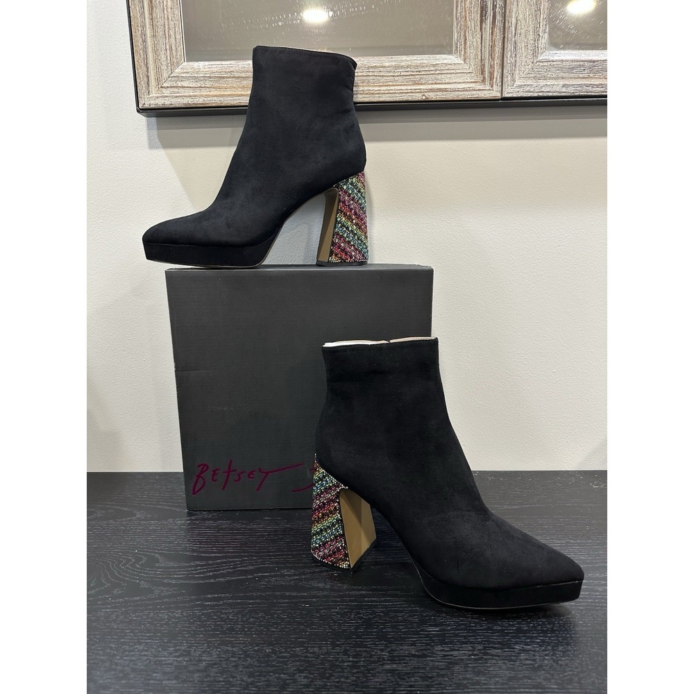 NEW Betsey Johnson Raylan Black Ankle Boots Rainbow Rhinestones 10 Chunky Heel